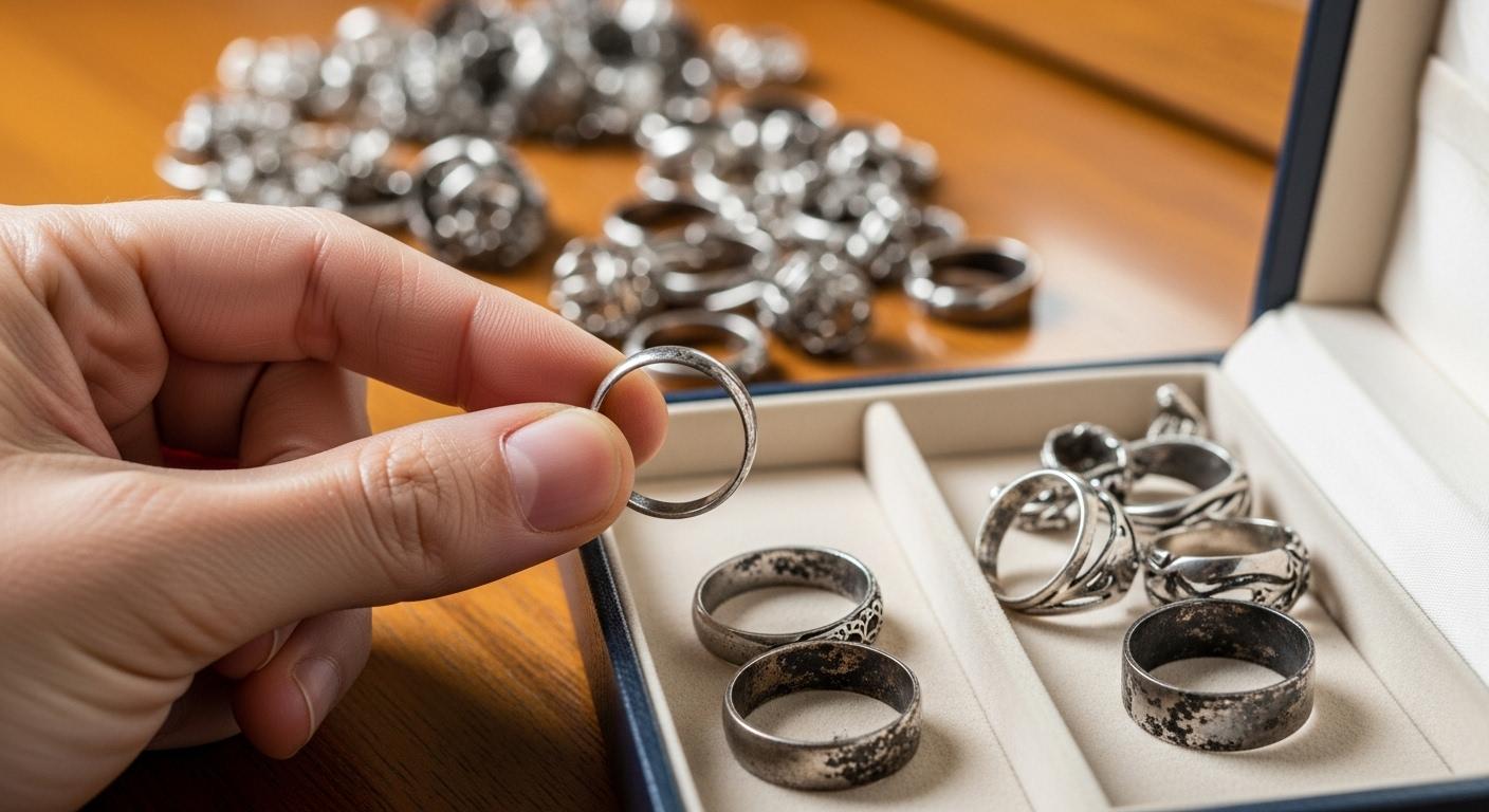 Une main tenant une bague en argent ternie à côté d'une boîte à bijoux, avec en arrière-plan des bijoux brillants et d'autres visiblement noircis, posés sur une coiffeuse en bois.