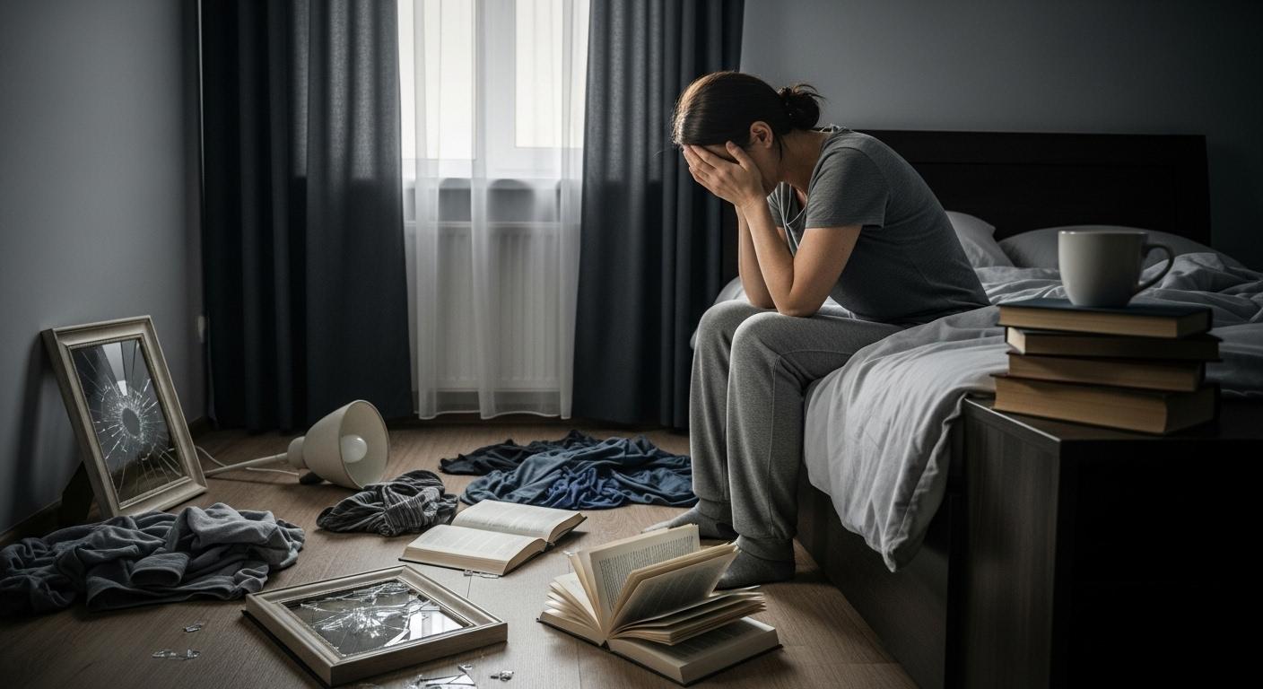 Une femme assise sur le bord de son lit, tête dans les mains, entourée d’une chambre en désordre avec des objets tombés au sol, illustrant la fatigue et le trouble après une succession d’incidents étranges.