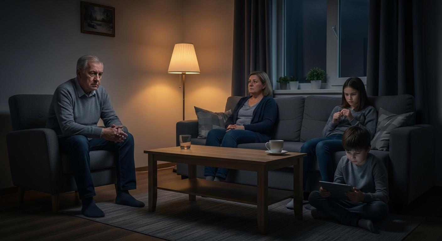 Une scène de salon familial en soirée, lumière tamisée, plusieurs membres d’une famille assis séparément, le regard fuyant ou soucieux, illustrant une ambiance tendue et pesante à la maison.