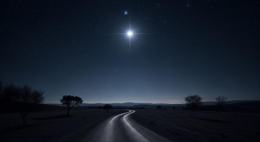 Un ciel nocturne profond où l’étoile Sirius brille intensément au-dessus d’un paysage paisible, évoquant la guidance et l’espoir pour des voyageurs en route.
