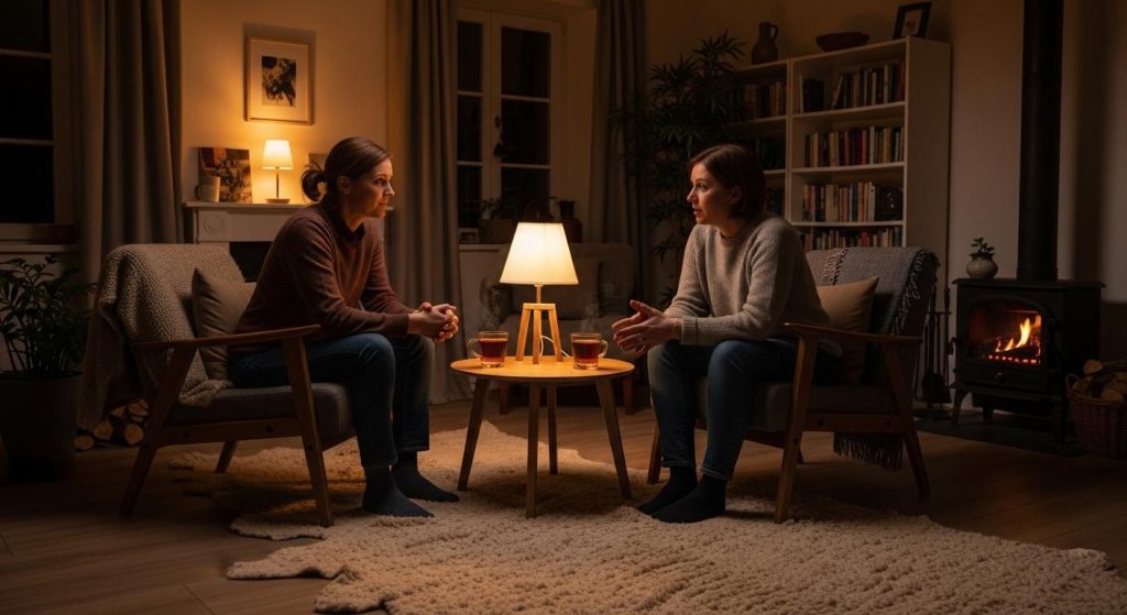 Une pièce chaleureuse, deux personnes assises face à face, l’une écoute attentivement tandis que l’autre partage ses préoccupations, dans une atmosphère de confiance et d’écoute.