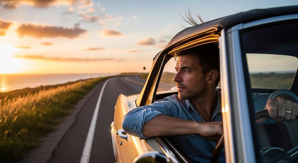Un conducteur assis dans sa voiture immobilisée sur le bord d'une route, regardant pensivement l'horizon au coucher du soleil, entouré d'une atmosphère paisible et introspective.
