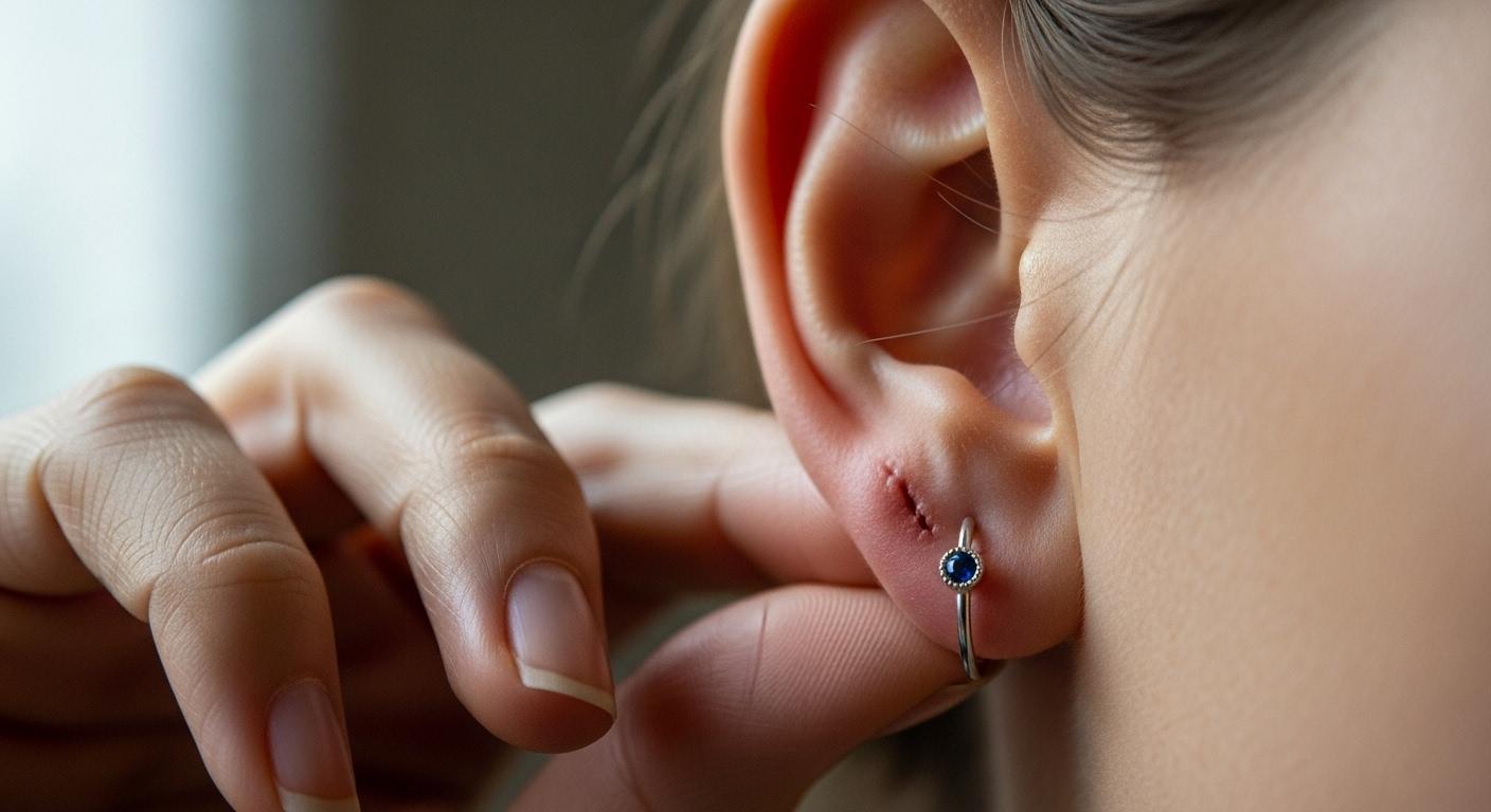 Une oreille vue de près, présentant une petite cicatrice discrète sur le lobe, avec une main hésitante tenant une boucle d’oreille à proximité, illustrant l’hésitation avant un nouveau perçage.