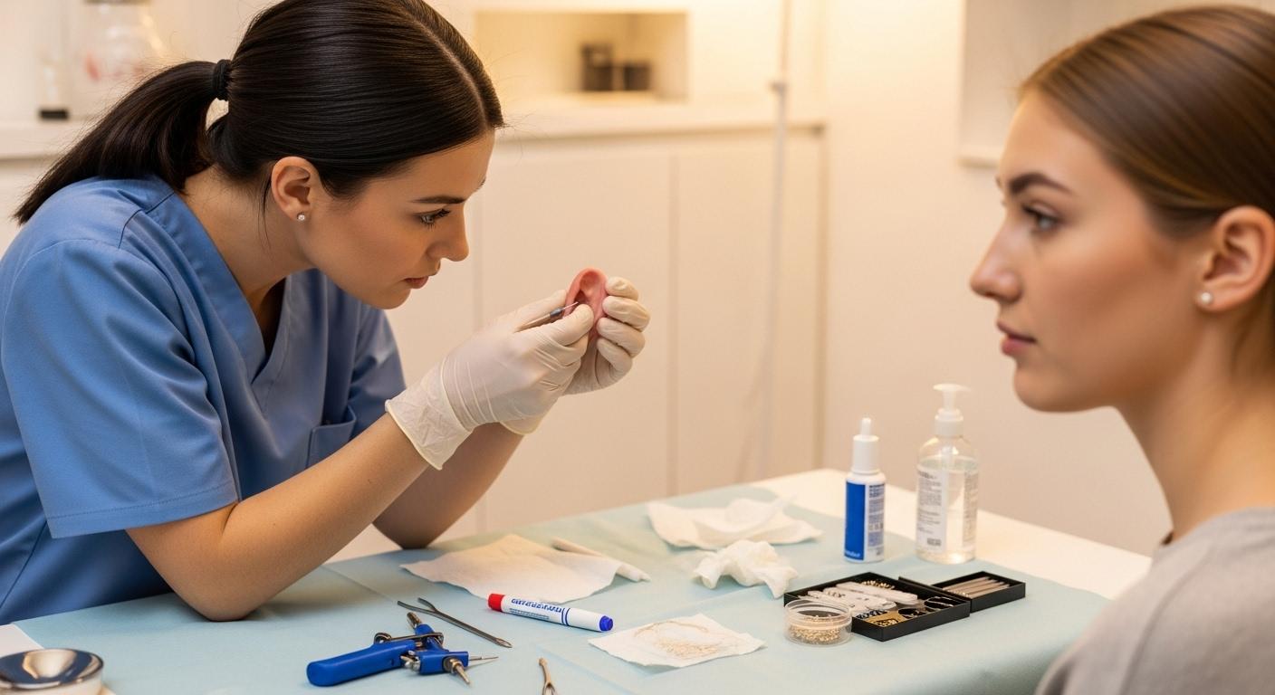 Un professionnel de santé portant des gants stériles examine attentivement un lobe d’oreille, avec du matériel médical posé sur une table propre, illustrant la préparation minutieuse avant un nouveau perçage.