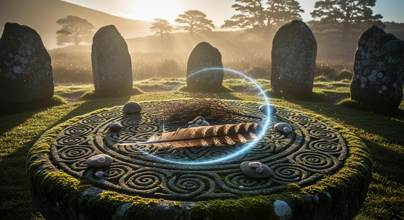 Une plume de buse posée sur un autel celtique entouré de pierres, baignée par la lumière du matin, symbolisant un rituel ancestral de protection.