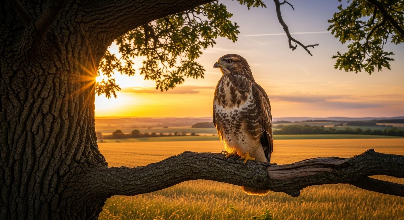 Une buse majestueuse perchée sur la branche d’un grand arbre, en lisière d’un champ doré par le soleil, observant calmement le paysage alentour.