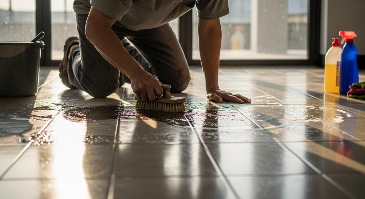Une personne à genoux en train de frotter énergiquement un sol carrelé, une tache tenace au centre, la lumière du matin filtrant par une fenêtre et révélant la brillance du carrelage propre autour de la tache.