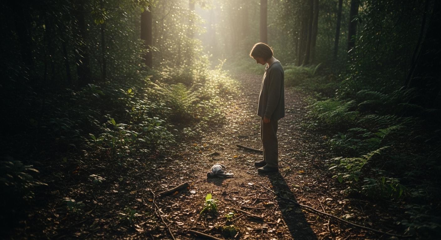 Une personne dans un sous-bois, debout devant un petit oiseau mort posé sur un chemin terreux, l’atmosphère est silencieuse et empreinte d’émotion, la lumière douce du matin filtre à travers les arbres.