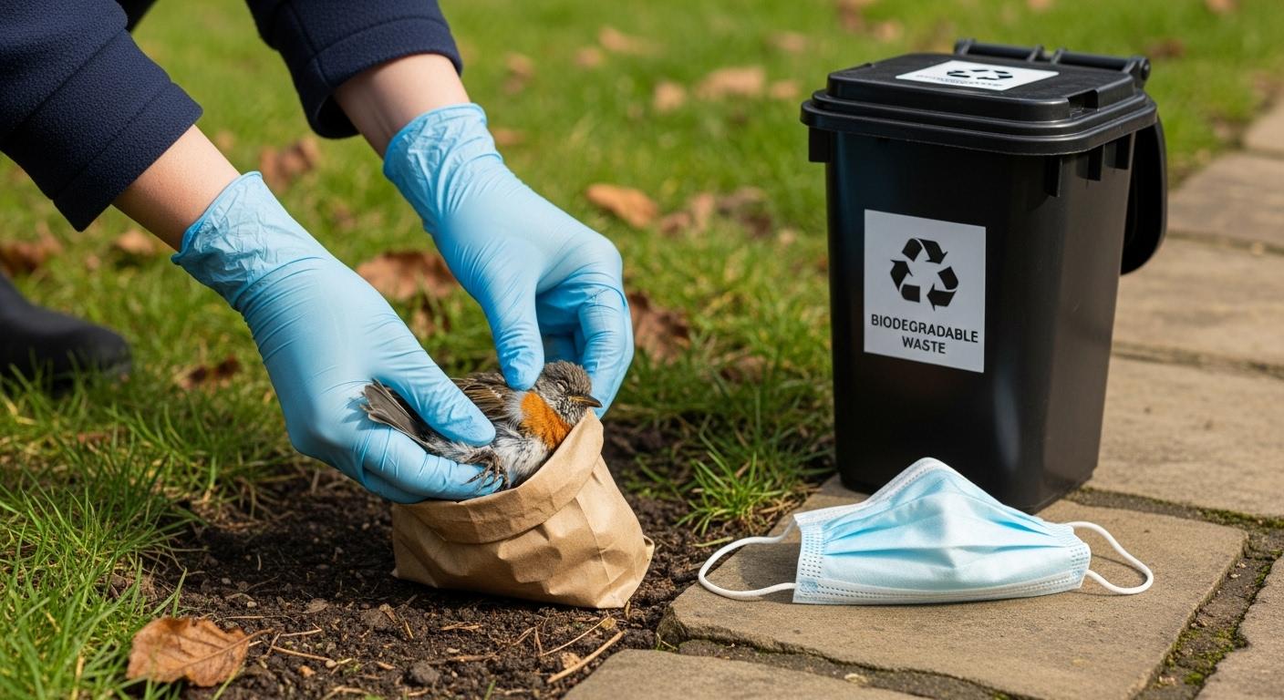 Des mains gantées ramassent délicatement un oiseau mort dans un jardin, le plaçant dans un sac biodégradable, avec une poubelle et un masque chirurgical visibles à proximité, sous un ciel clair.