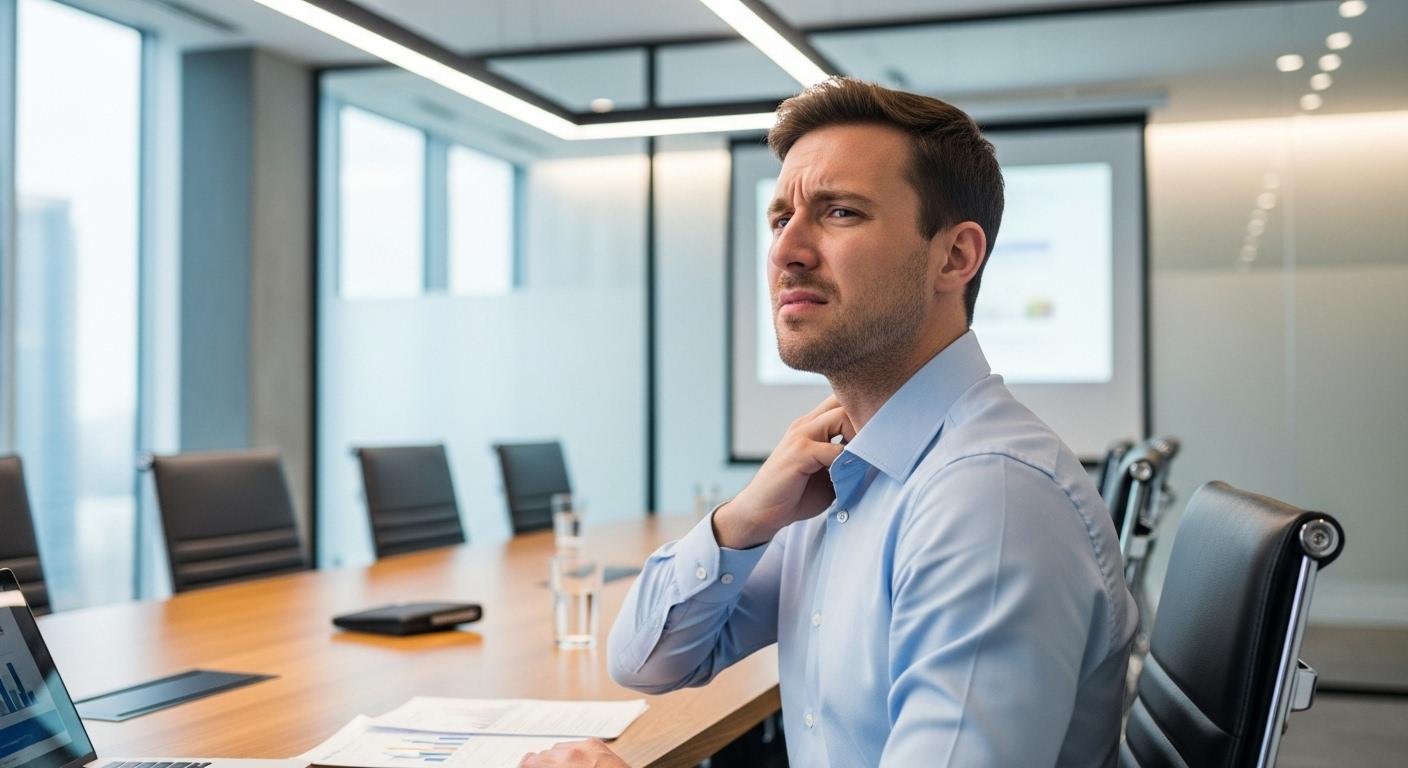 Une personne assise à son bureau en pleine réunion, portant une chemise, se gratte discrètement le cou, avec une expression d’inconfort visible sur son visage.