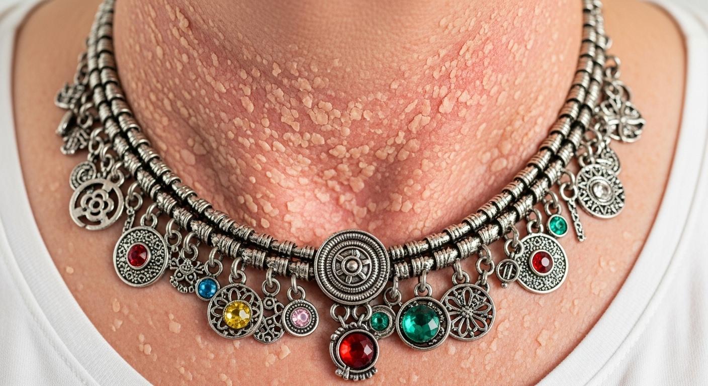 Un gros plan sur un cou présentant des plaques rouges et des squames, avec un collier fantaisie posé sur la peau, illustrant une réaction allergique visible.