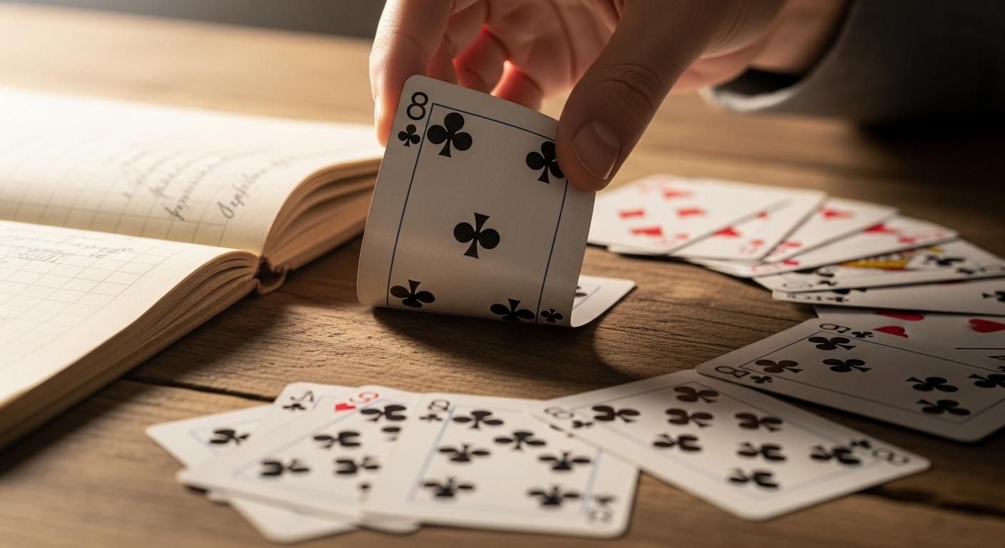 Une main retourne délicatement un 8 de trèfle sur une table en bois, entourée d’un jeu de cartes étalé et d’un carnet de notes griffonné, baigné dans une lumière tamisée.