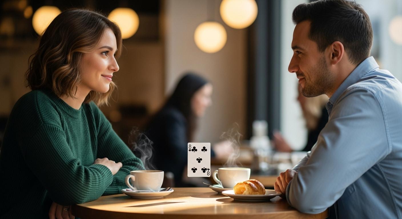 Un couple échange un regard complice lors d’une première rencontre dans un café chaleureux, tandis qu’un 8 de trèfle posé sur la table attire discrètement l’attention.