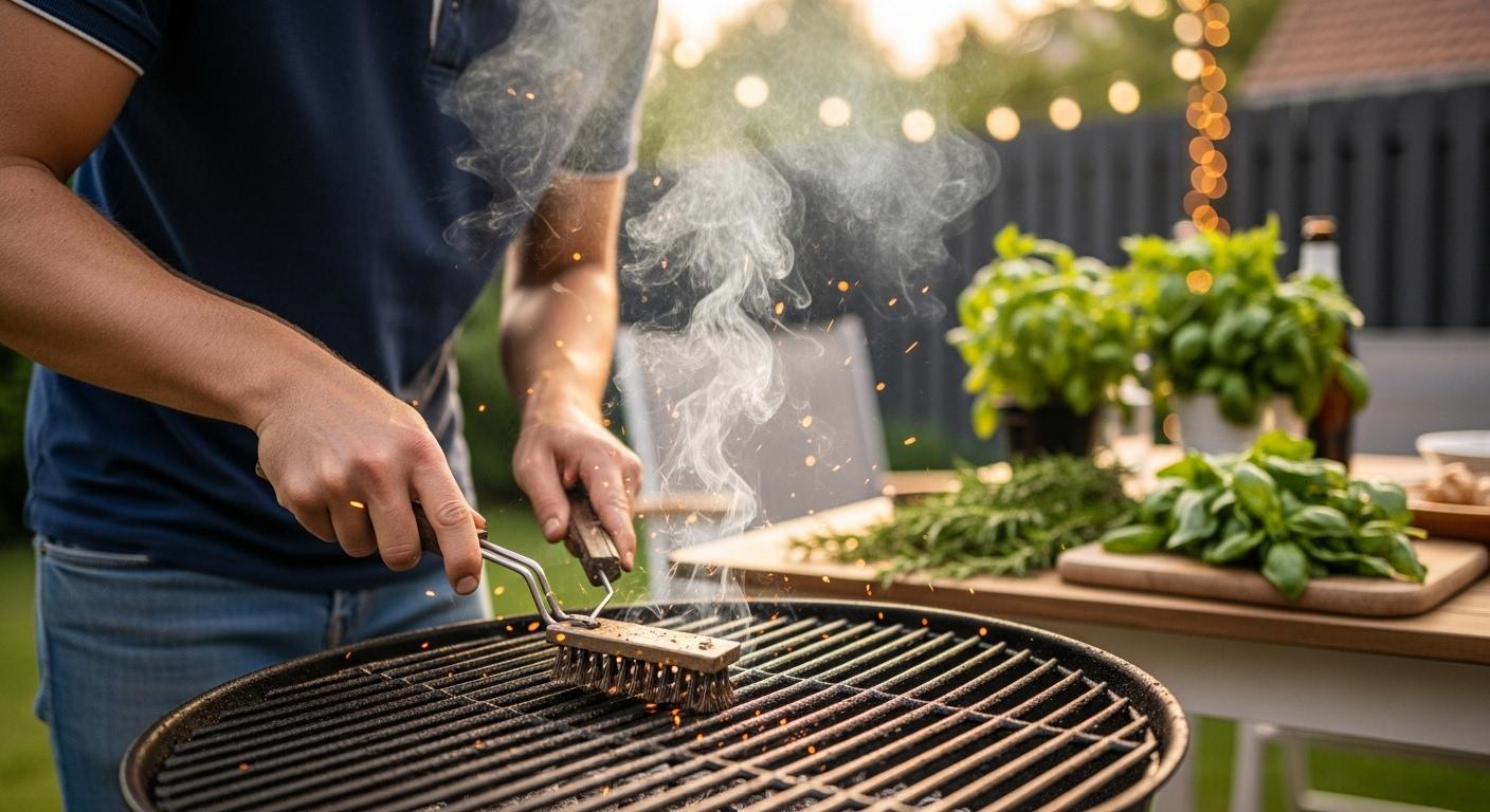 Une personne utilise une brosse métallique pour nettoyer la grille d'un barbecue en plein air, avec des fumées de cuisson et des herbes en arrière-plan, par un soir d'été.