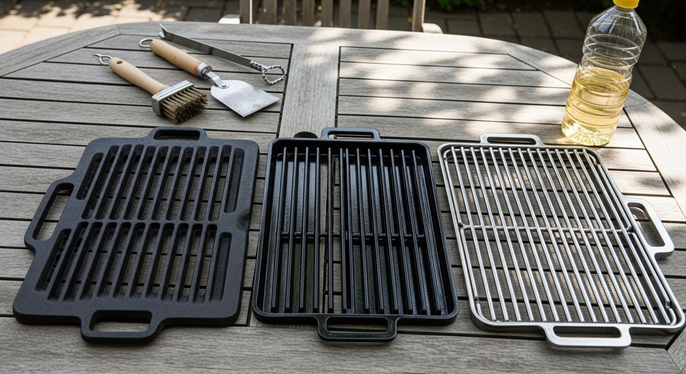 Trois grilles de barbecue différentes – fonte, acier émaillé et inox – exposées côte à côte sur une table de jardin en bois, avec des outils d’entretien et un flacon d’huile alimentaire à proximité.