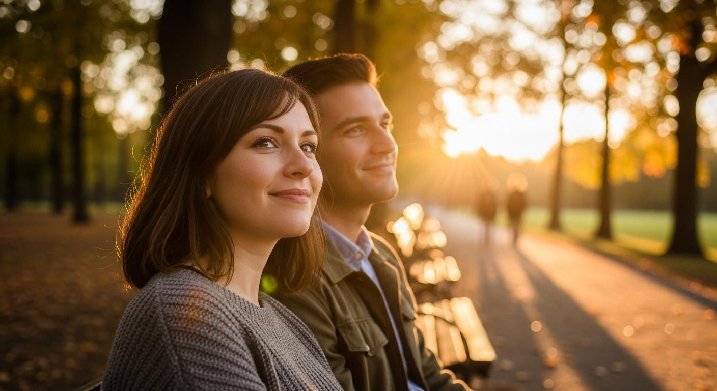 Un couple assis sur un banc dans un parc au coucher du soleil, chacun plongé dans ses pensées mais souriant, illustrant à la fois la complicité et la réflexion intérieure, dans une atmosphère paisible et sincère.
