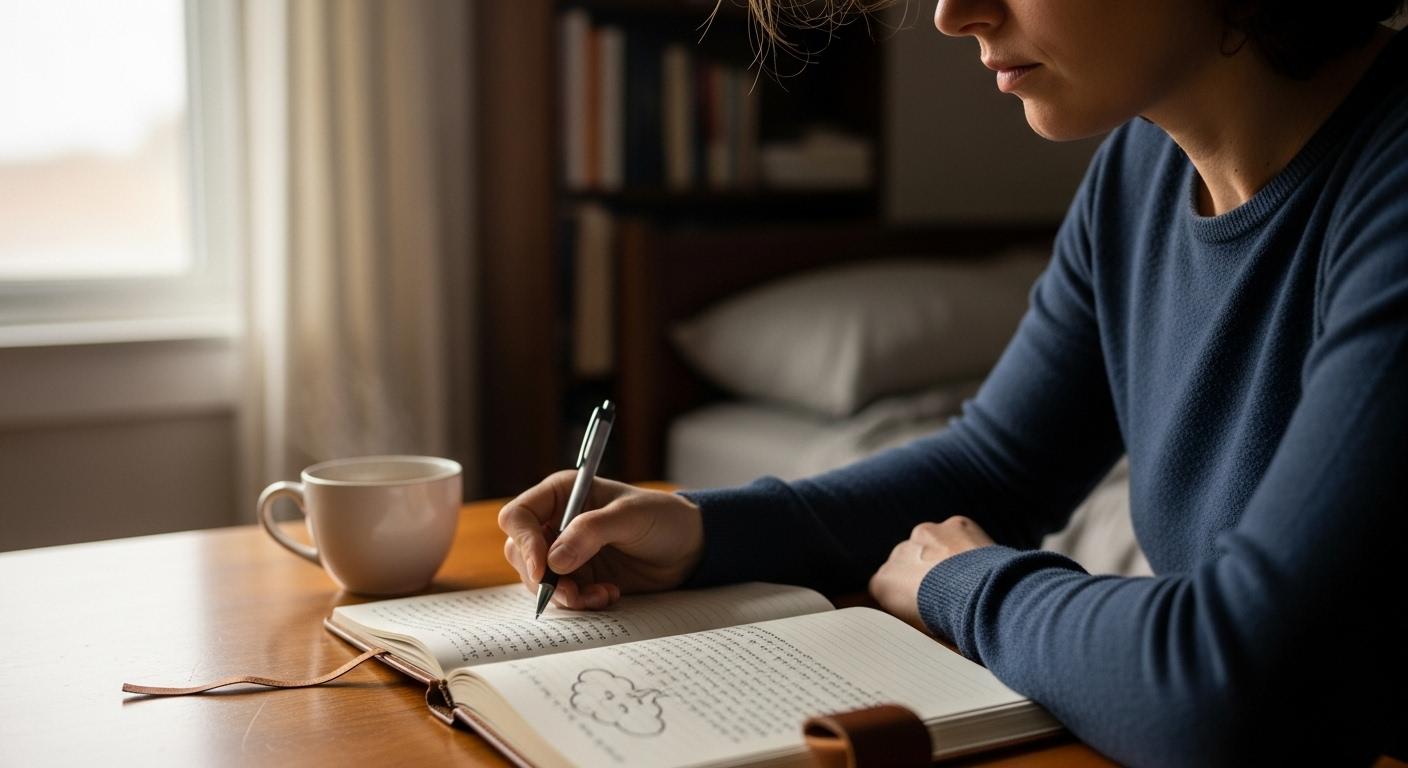 Une personne assise à une table, carnet ouvert devant elle, écrivant à la main ses émotions du matin après un cauchemar, la lumière douce filtrant par la fenêtre.