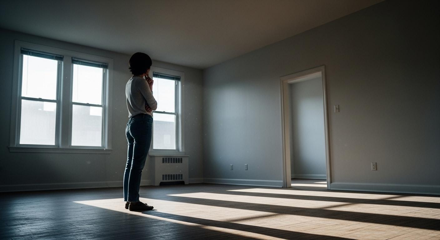 Une personne debout dans un appartement vide, baigné de lumière naturelle, observant l’espace avec curiosité et une pointe d’appréhension.