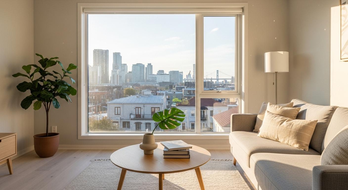 Vue intérieure d’un salon lumineux donnant sur une grande fenêtre, avec des murs clairs et une perspective sur la ville, créant une atmosphère paisible et accueillante.