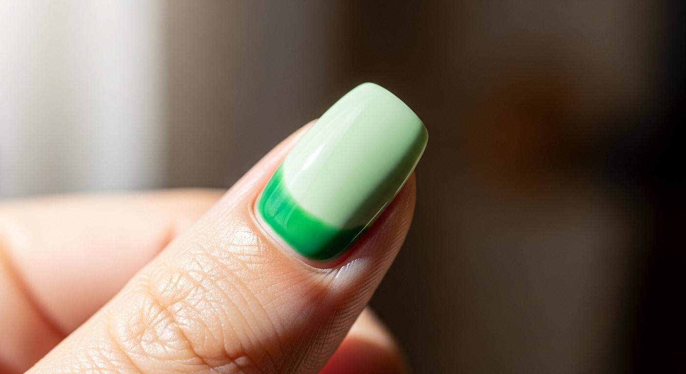 Gros plan sur un doigt féminin montrant une tache verte sous l’ongle, le gel légèrement soulevé, sur fond de lumière naturelle.