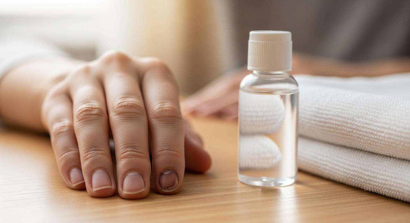 Main posée sur une table, un ongle abîmé et assombri, un flacon de désinfectant et une serviette propre à côté, illustrant le début des soins à domicile.