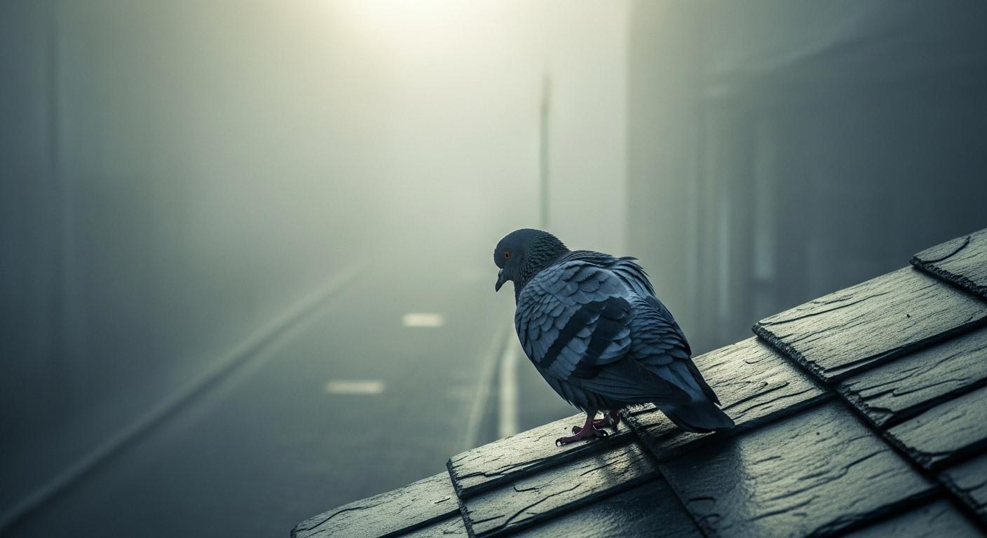 Un pigeon gris perché sur un toit d’ardoise humide, enveloppé par la brume matinale, observe silencieusement la rue déserte en contrebas.
