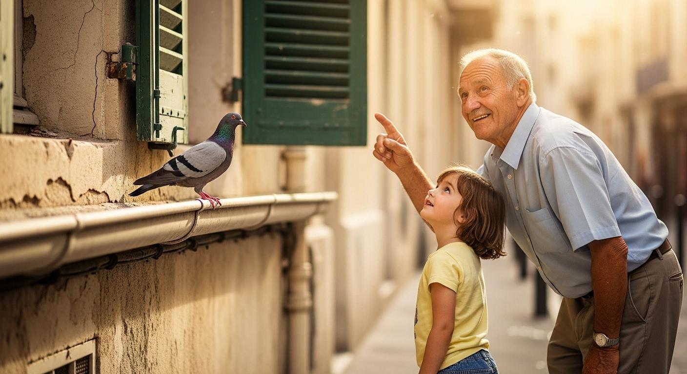 Un vieil homme et un enfant debout sur un trottoir à Marseille, observant ensemble un pigeon solitaire posé sur une gouttière au-dessus d’eux, sous une lumière douce de fin d’après-midi.
