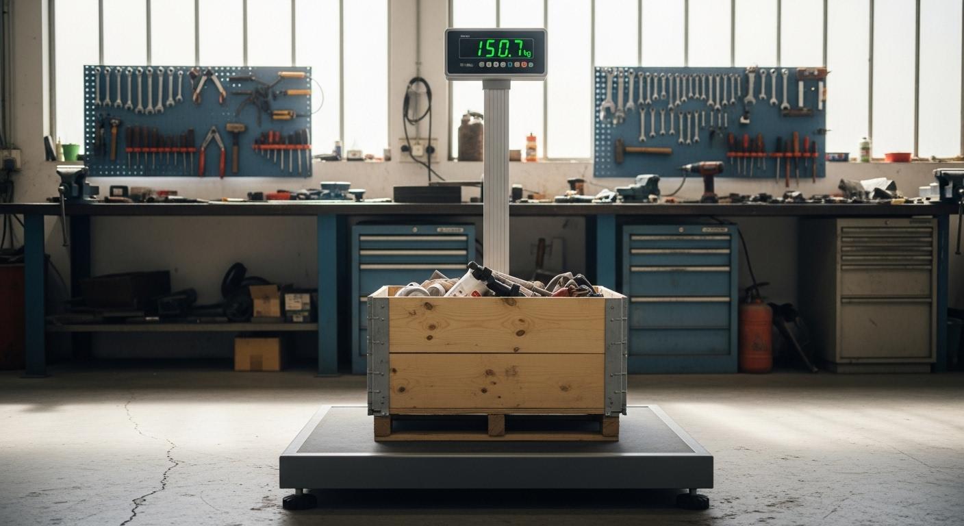 Une caisse de matériel posée sur une balance industrielle avec l'affichage numérique indiquant le poids, dans un atelier lumineux avec des outils disposés en arrière-plan