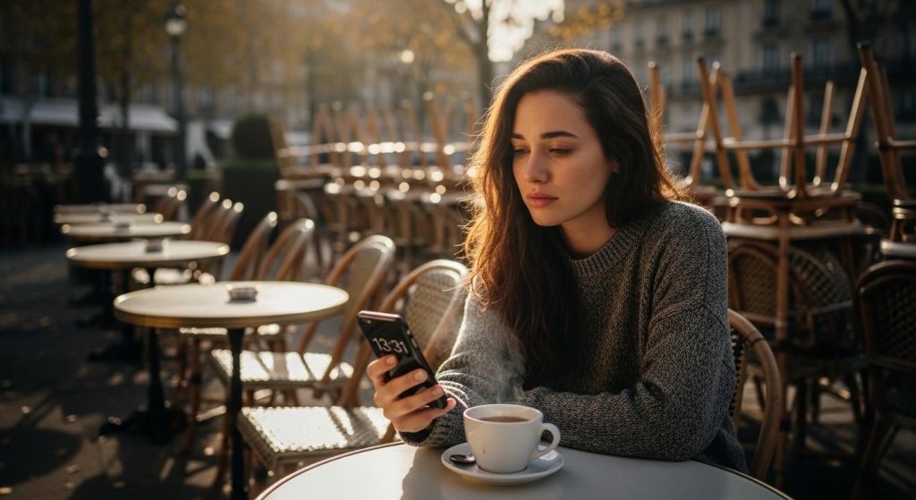 Une jeune femme assise seule à la terrasse d’un café, entourée de tables inoccupées, observe l’écran de son téléphone affichant 13h31, une tasse de thé fumante devant elle, l’expression pensive et émue, comme protégée par une lumière douce.