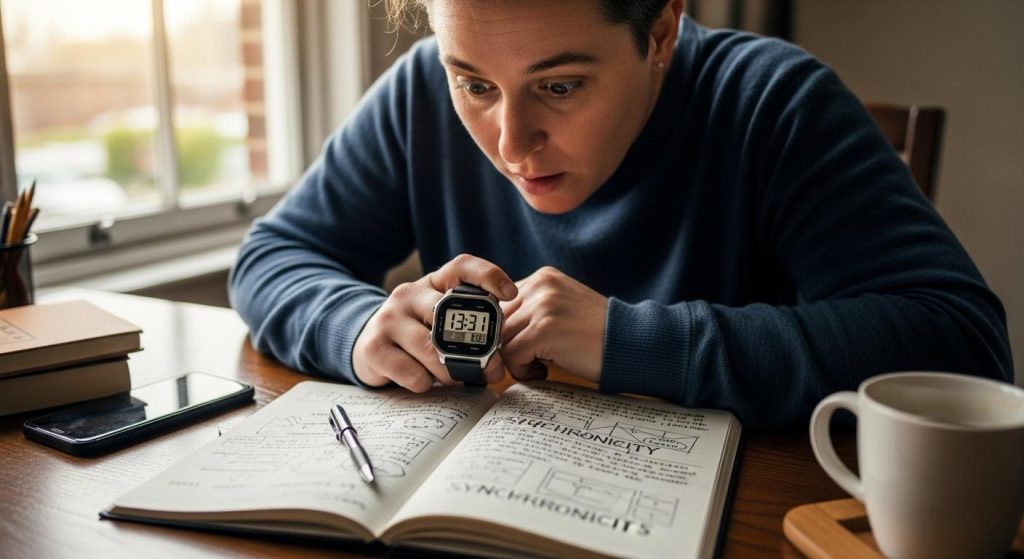 Une personne assise à son bureau, le regard surpris fixé sur une montre digitale affichant exactement 13h31, baignée par la lumière naturelle qui traverse la fenêtre, un carnet ouvert rempli de notes et de réflexions sur la synchronicité posé à côté.