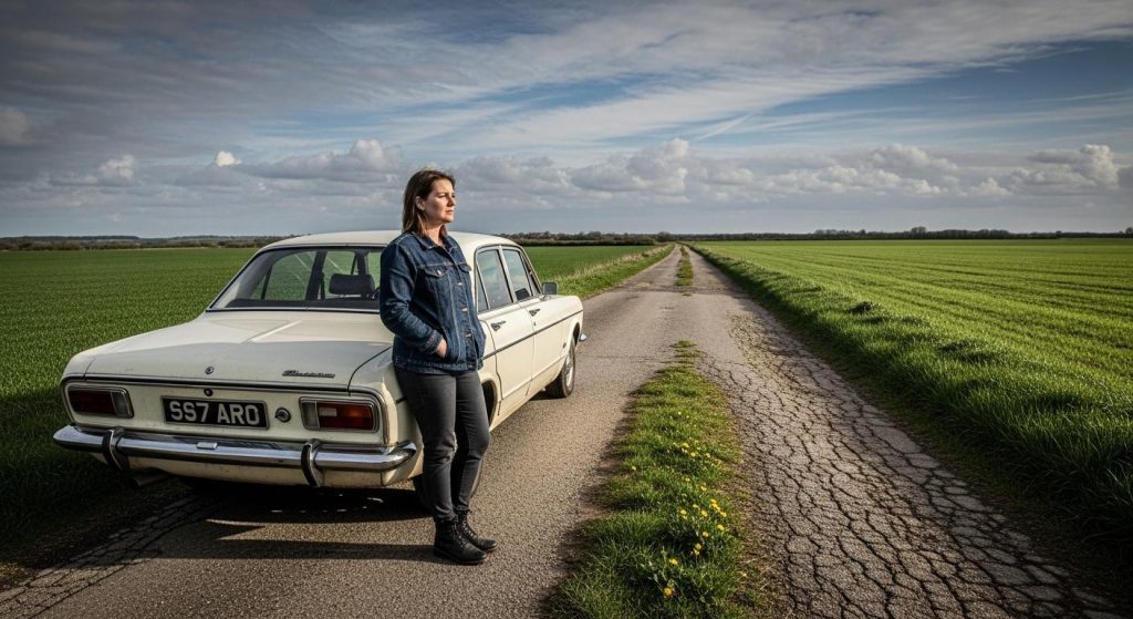 Une voiture arrêtée sur une petite route de campagne déserte, avec une femme debout à côté du véhicule, l'expression pensive, au milieu de vastes champs verts et sous un ciel nuageux.