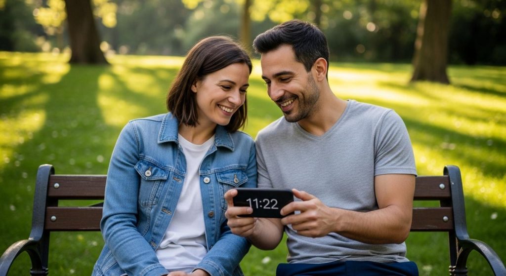 Deux personnes assises côte à côte sur un banc dans un parc, regardant ensemble l’écran d’un smartphone affichant 11h22, un sourire complice illuminant leurs visages.