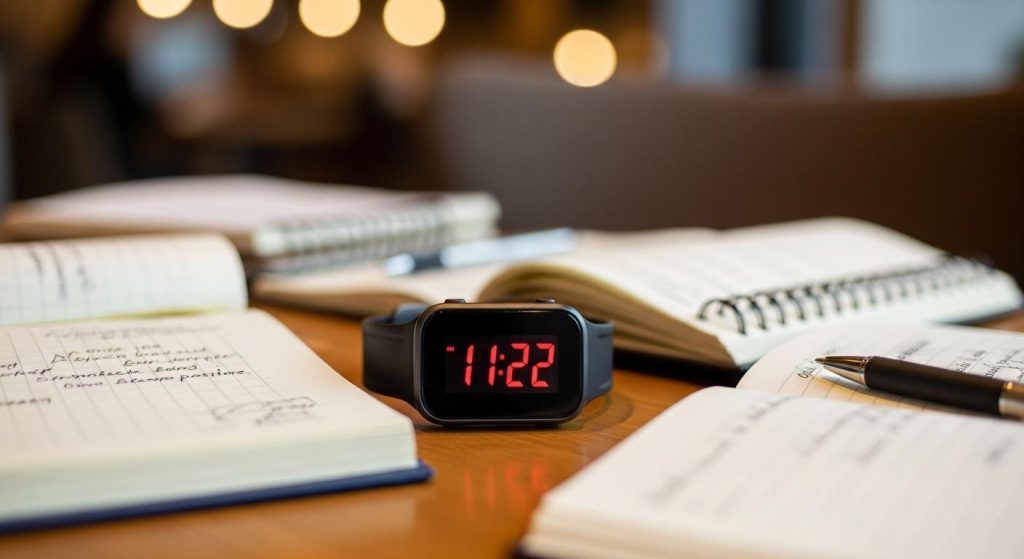 Un gros plan sur une montre digitale posée sur une table d’un café, affichant précisément 11h22, entourée de carnets ouverts et d’un stylo, évoquant un moment de réflexion ou de prise de décision.