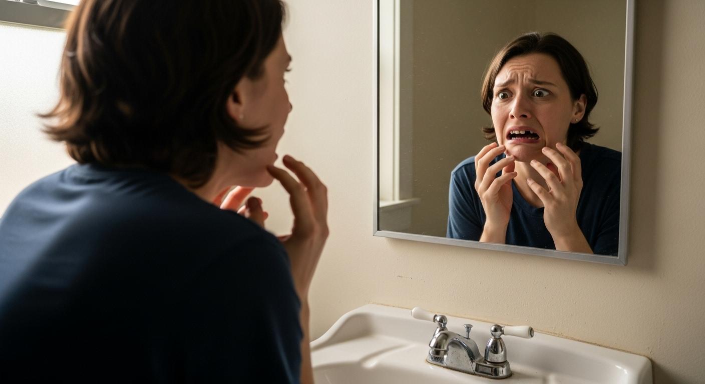 Une personne regarde son reflet dans un miroir de salle de bain, bouche entrouverte, découvrant avec stupeur que plusieurs de ses dents sont tombées, un air de panique sur le visage, l’éclairage matinal révélant l’expression de choc et d’inquiétude.