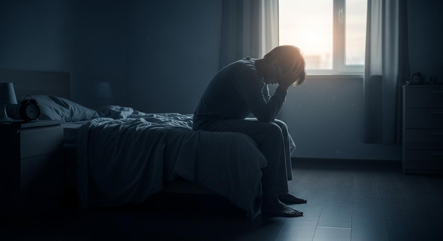Une chambre plongée dans la pénombre, une personne assise sur le bord de son lit, la tête entre les mains, l’air bouleversé après un cauchemar, la lumière douce de l’aube filtrant par la fenêtre, évoquant la solitude et l’introspection après un rêve troublant.