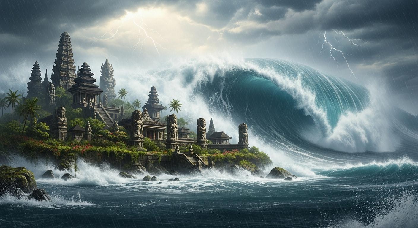 Un vaste paysage marin agité, où l’on aperçoit une île luxuriante avec de hauts temples et des bâtiments sophistiqués, sur le point d’être submergée par une vague gigantesque sous un ciel orageux.