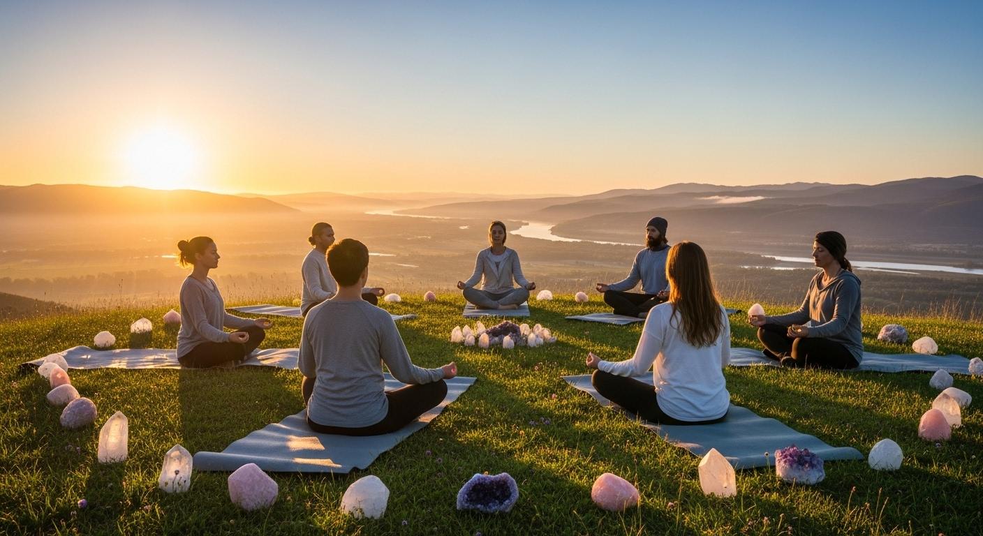 Un groupe de personnes rassemblées en cercle au sommet d’une colline, méditant au lever du soleil, entourées de cristaux disposés sur le sol, avec la lumière dorée éclairant leurs visages concentrés.