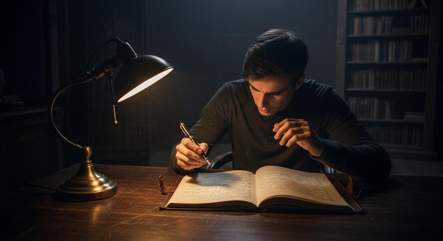 Une personne assise seule dans une pièce tamisée, l’air concentré, un carnet ouvert devant elle, semblant écrire sans regarder sa main, plongée dans une atmosphère de silence et de mystère.