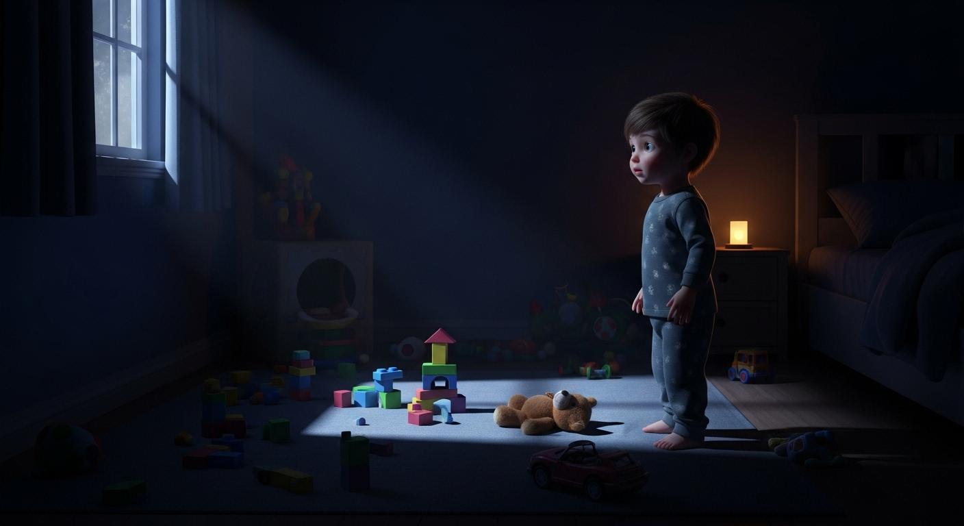 Un enfant debout dans une chambre faiblement éclairée, fixant un coin sombre avec un air intrigué, tandis que des jouets sont éparpillés au sol et que la lumière de la lune traverse la fenêtre, créant une atmosphère mystérieuse.