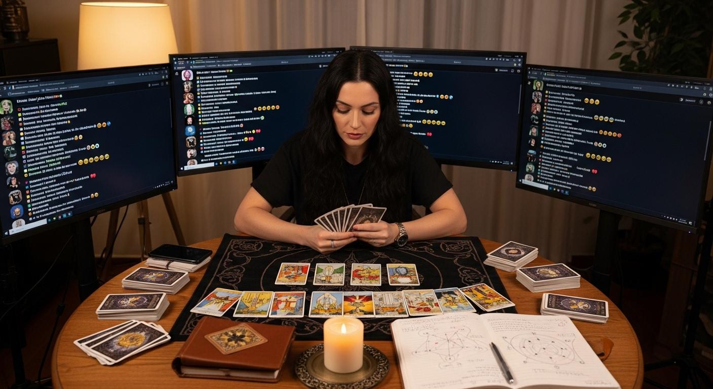 Une table ronde couverte de jeux de cartes, d’un carnet de notes et d’une bougie allumée, avec Oleanna concentrée en plein tirage lors d’un live, entourée d’écrans affichant des commentaires de sa communauté.