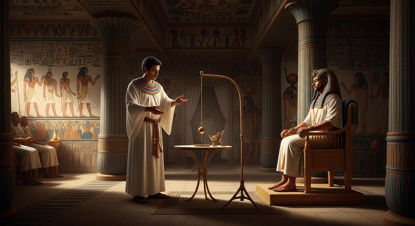 Un prêtre égyptien vêtu d’une longue tunique blanche interprète les oscillations d’un pendule doré devant un pharaon assis sur un trône, dans une salle aux murs ornés de hiéroglyphes.