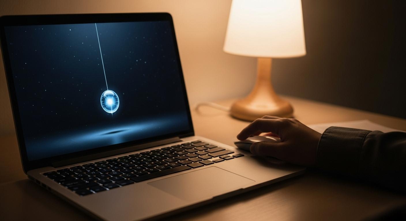 Une main posée sur la souris d’un ordinateur portable, l’écran affiche un pendule virtuel animé tandis qu’une lumière tamisée éclaire la pièce, symbolisant la consultation numérique.