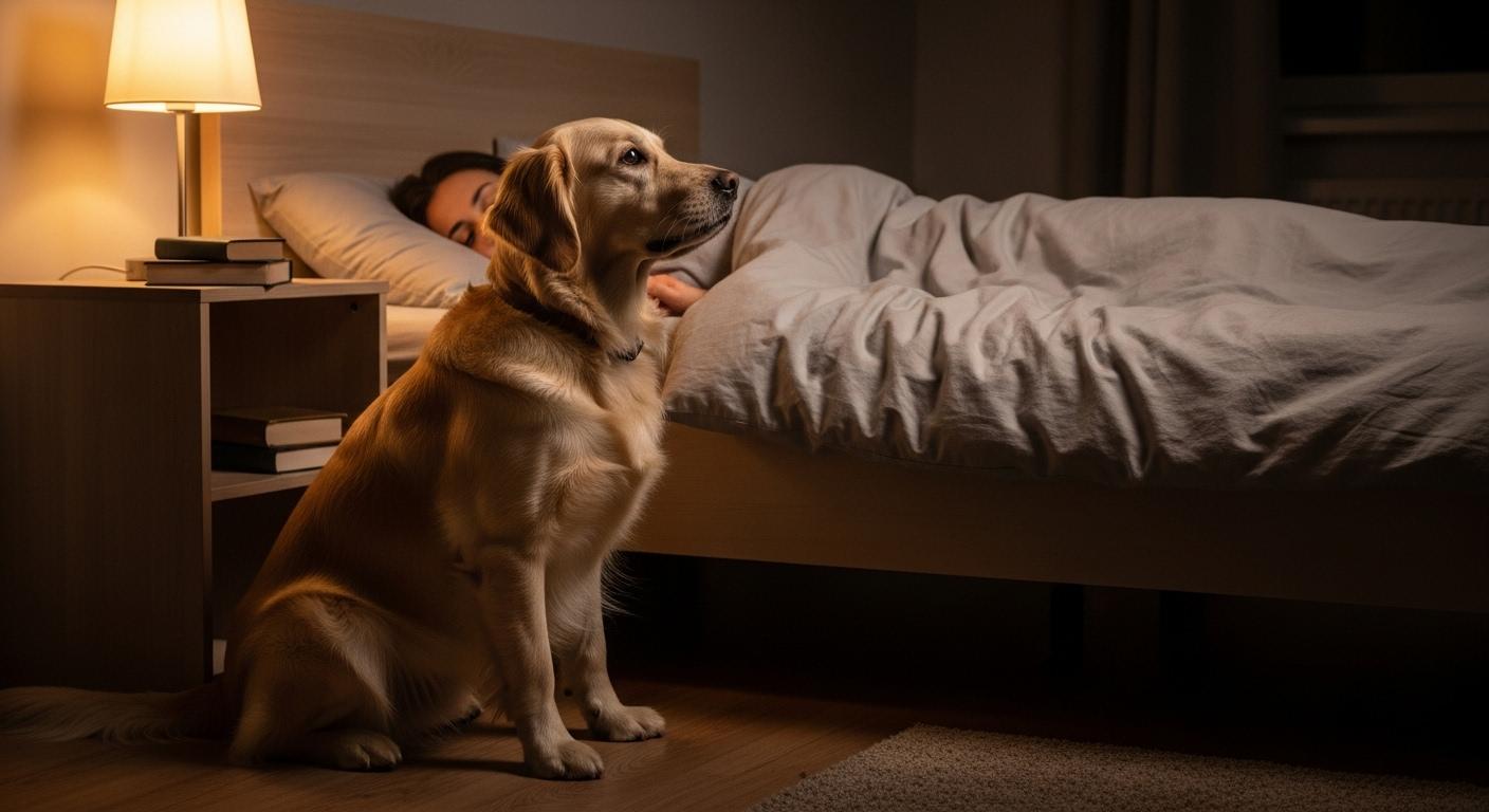 Un chien docile, assis calmement près d’une personne endormie, dégageant une atmosphère de protection et de sérénité nocturne.