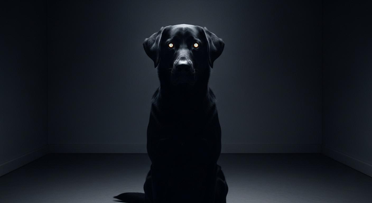 Un chien noir aux yeux brillants, immobile dans une pièce sombre, fixant intensément le rêveur dans un face-à-face silencieux.