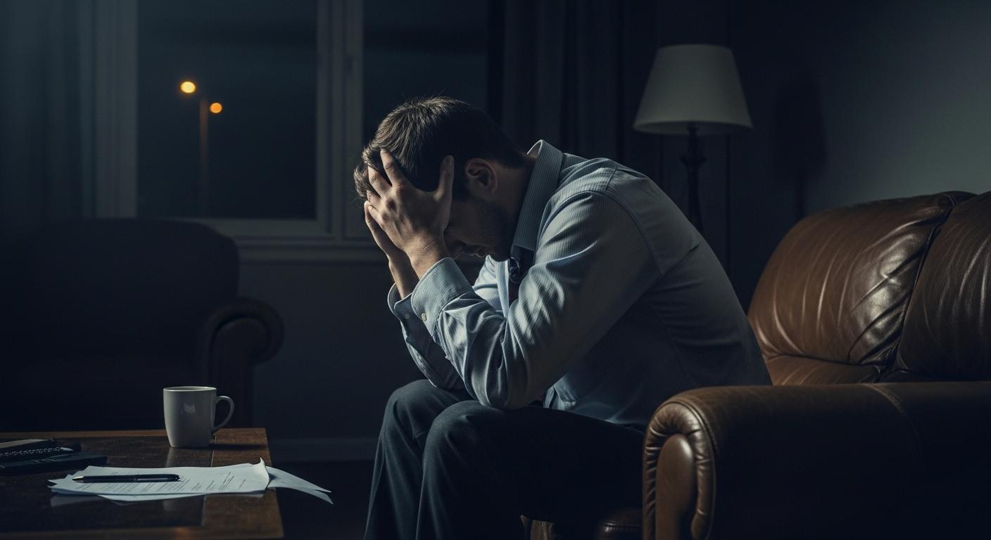 Une personne assise seule dans la pénombre de son salon, la tête entre les mains, submergée par le stress après une longue journée de travail.