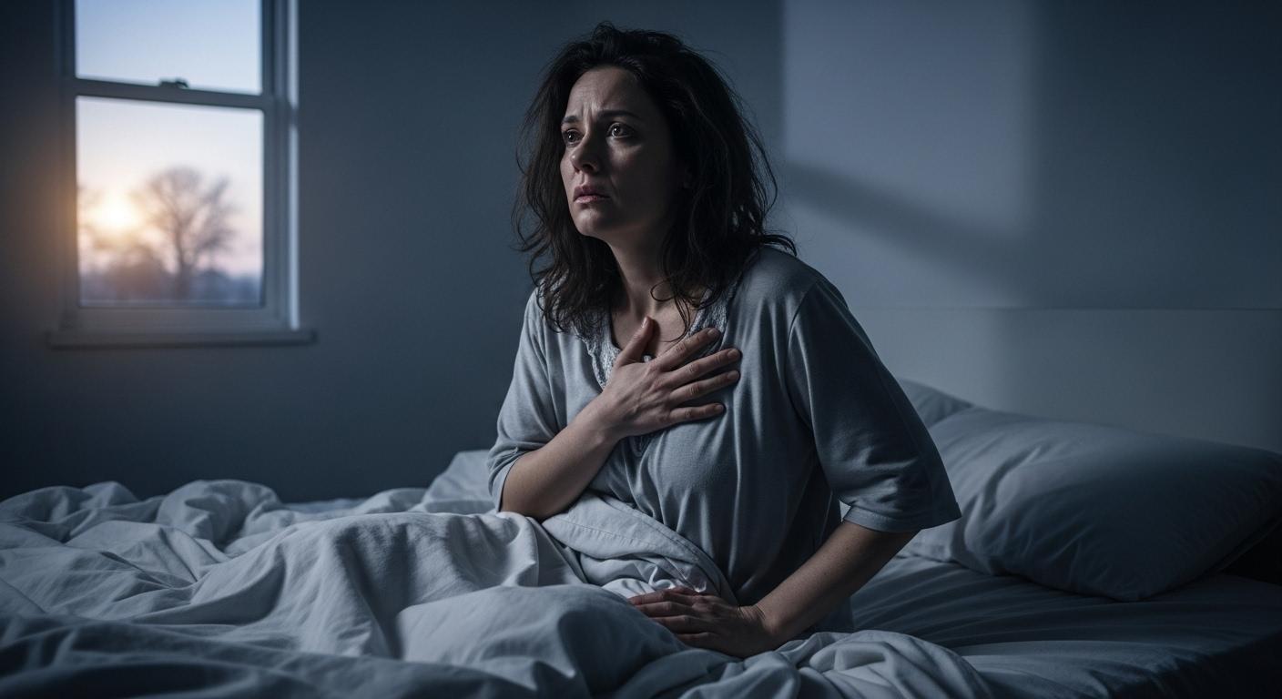 Une femme au réveil, assise sur son lit à l’aube, le visage inquiet et la main posée sur le cœur, le regard fixé dans le vide, troublée par un rêve intense.
