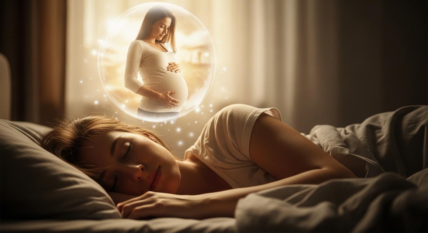 Une femme endormie, allongée sur le côté, rêve d’elle-même avec un ventre rond de femme enceinte, baignée d’une lumière douce, symbolisant la transformation intérieure.