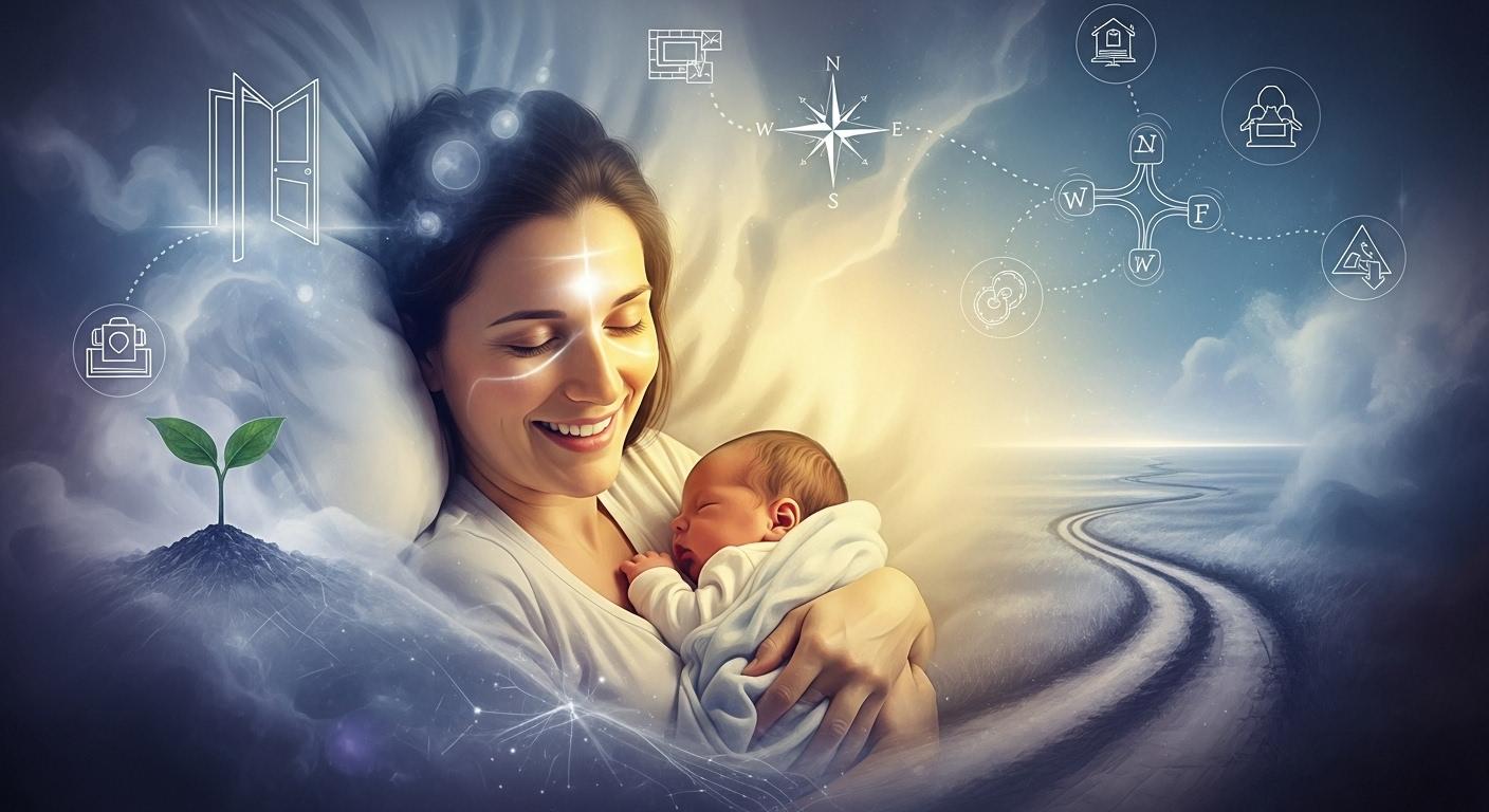 Une femme rêve qu’elle tient dans ses bras un nouveau-né, le visage illuminé par la joie, tandis qu’à l’arrière-plan apparaissent des symboles de projets et de chemins nouveaux.
