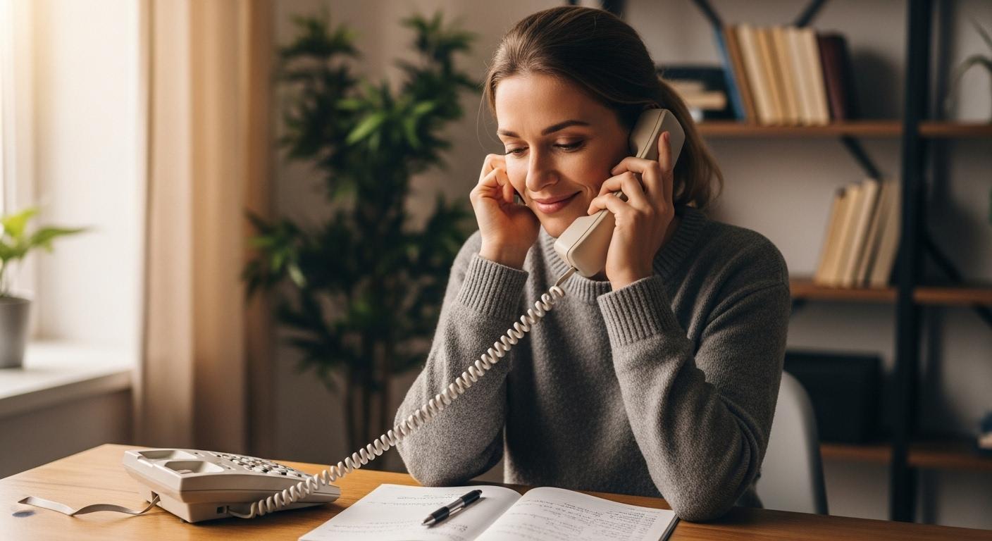 Une femme d’une trentaine d’années, assise à une table, tenant un téléphone fixe à la main avec un léger sourire soulagé, un carnet de notes ouvert devant elle.