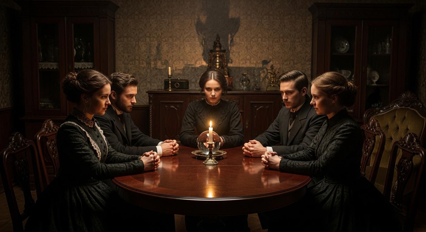 Un groupe de personnes rassemblées autour d’une table en bois, à la lumière tamisée d’une bougie, semblant concentrés et attentifs, évoquant une séance de spiritisme traditionnelle au XIXe siècle.